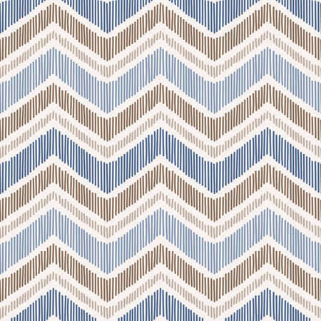 Seamless pattern with hand drawn chevron design. Modern ikat print with blue and brown stripes.