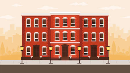 Old American buildings with red brick walls and white windows. Street of Manhattan with red houses and streetlights. Apartments of New York City.のイラスト素材
