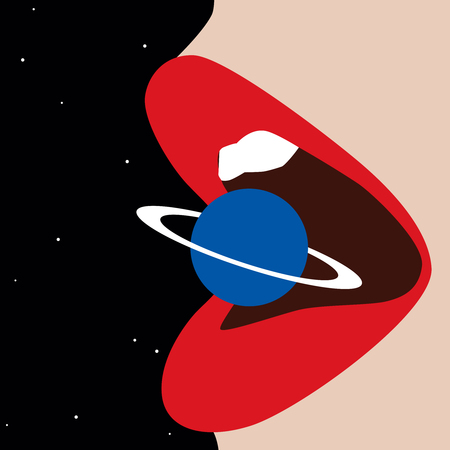 Woman eating a planet. Abstract illustrationのイラスト素材