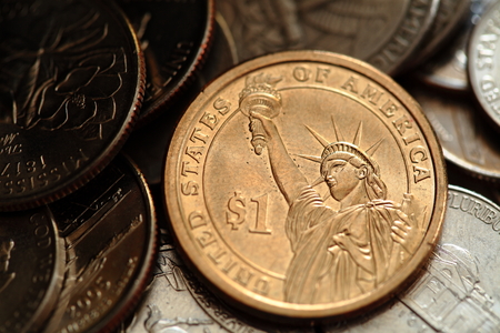 Close up of US one dollar coinの写真素材