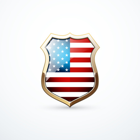 Gold shield with USA flag elements. USA shield icon. Vector illustrationのイラスト素材