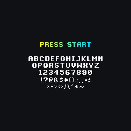 Pixel game font. Pixel latin alphabet letters and numbers. Vector illustrationのイラスト素材