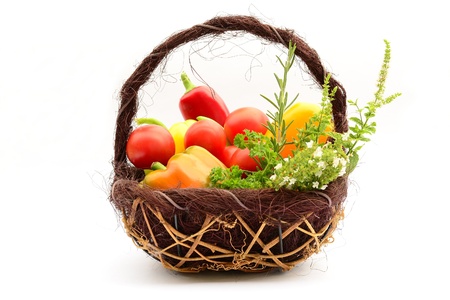 Fruots, vegetables and herbs in the basketの写真素材