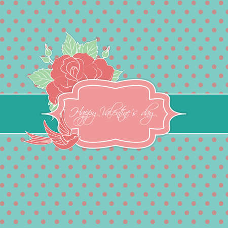 Valentines Day vintage card with red label decorated with bird and rose .のイラスト素材