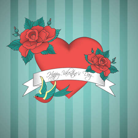 Valentines Day vintage card with red heart decorated with bird and roses .のイラスト素材