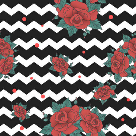 Vector seamless pattern, anchored with a flower on a background of black and white stripes fashion background.のイラスト素材