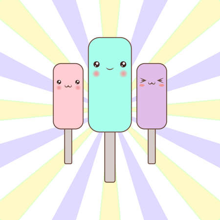 Cartoon ice cream characters on striped background..のイラスト素材