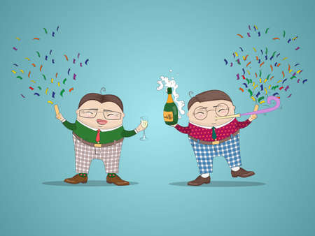 New Year background  with funny cartoon  characters . Happy New Year, business concept. Vector illustration.のイラスト素材