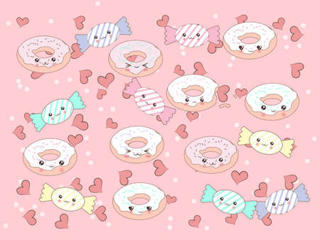 Funny background with cute cartoon donut and candy characters.のイラスト素材