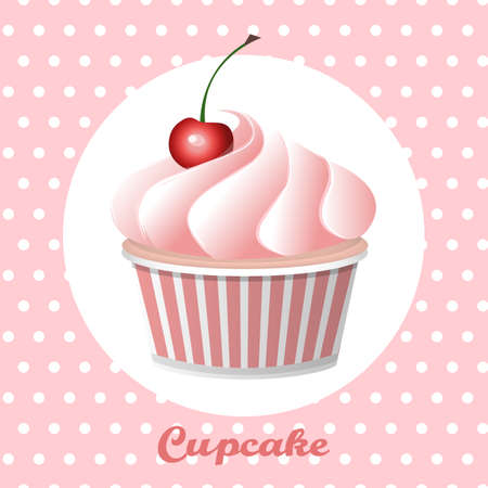 Cherry cupcake on a polka  dot background, vector illustration.のイラスト素材