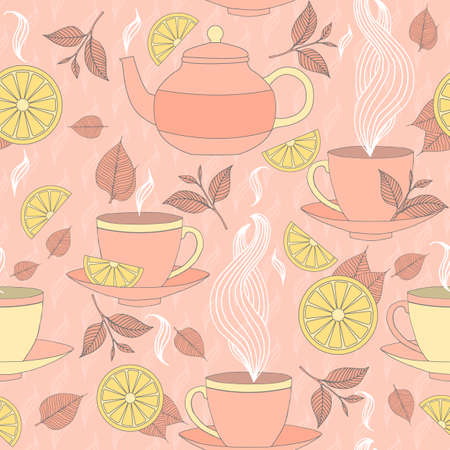 Tea time seamless pattern with hand drawn doodle elements. Breakfast seamless  pattern in soft colors with tea pots, tea leaves, lemon, tea cup and other .のイラスト素材