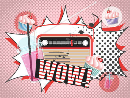 Vector illustration of radio smoothie and cupcake design in pop art comic style. Illustration of vintage radio, glasses of drink with tubule and cupcakes , wow in Speech bubble.のイラスト素材