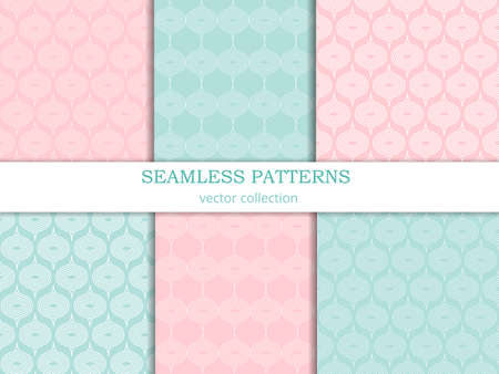 Collection of vector seamless patterns  in pastel shades. Endless texture can be used for wallpaper, pattern fills, web page background,surface textures. Set of  geometric ornaments in retro style.のイラスト素材