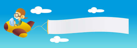 Cartoon kid flies a plane with banner の写真素材