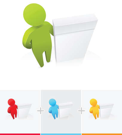 3D stick figure standing next to software boxのイラスト素材