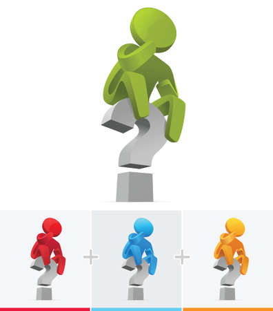 3D Stick Figure sitting on big question markのイラスト素材