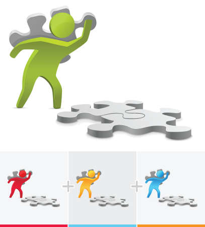 3D stick figure illustration putting together a puzzle piecesのイラスト素材