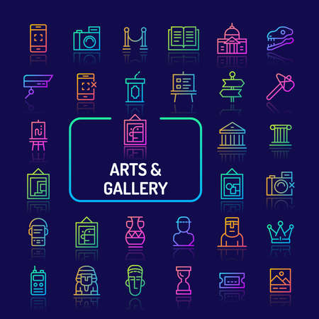 Simple gradient color icons isolated over dark background related to arts gallery and historical museum. Vector signs and symbols collections for website and app..のイラスト素材