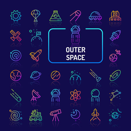 Simple gradient color icons isolated over dark background related to planets, galaxy, solar system and space vehicles. Vector signs and symbols collections for website and app..のイラスト素材
