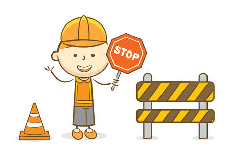 Doodle illustration: Boy holding a red stop traffic sign on under construction sceneのイラスト素材
