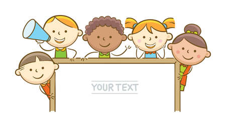 Doodle illustration: Kids showing horizontal whiteboardのイラスト素材