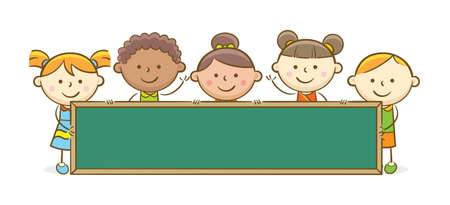 Doodle illustration: Kids holding blank chalkboard or blackboardのイラスト素材