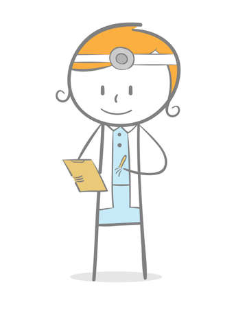 Doodle stick figure: A doctor checking her patient dataのイラスト素材