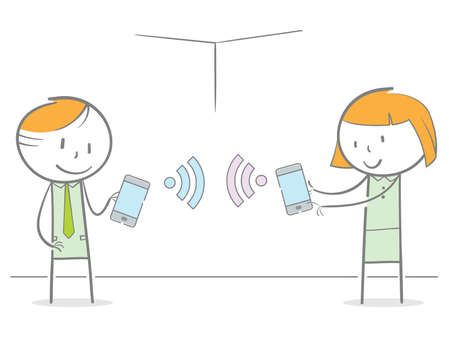 Doodle stick figures connect their phone to each other wirelessly via wifiのイラスト素材