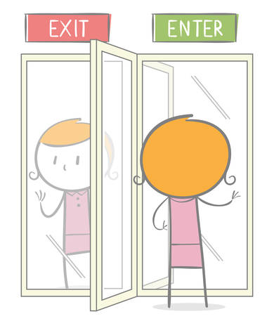 Doodle stick figure: A woman entering a revolving door while on the other side whe want to getting out.のイラスト素材