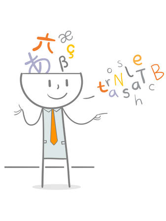 Doodle stick figure translating foreign language, translator conceptのイラスト素材