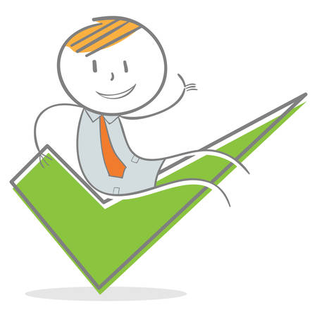 Doodle stick figure: Businessman sitting on checkmark symbolのイラスト素材