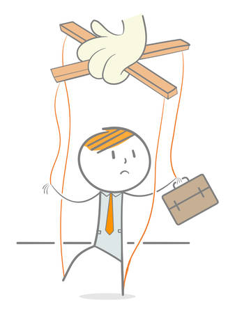Doodle stick figure marionette on ropes controlled by puppeteer handのイラスト素材