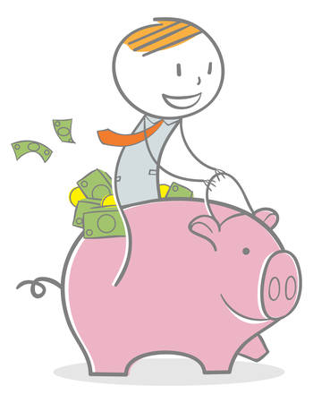 Doodle stick figure: Businessman riding a piggy bankのイラスト素材