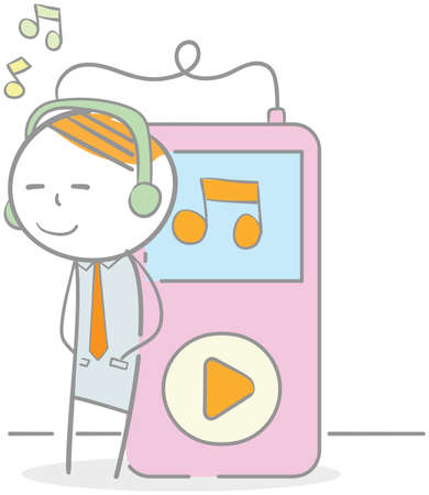 Doodle illustration of businessman listening to music playerのイラスト素材