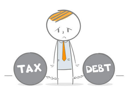 Doodle stick figure dragging a tax and debt metal balls and chainsのイラスト素材