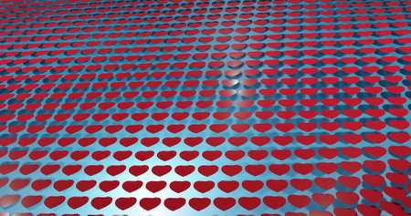 Area of red hearts rendered as a pattern on a blue background in 3dの写真素材