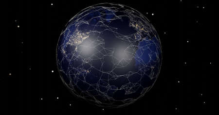 Planet Earth with data grid in blue with stars in the backgroundの写真素材
