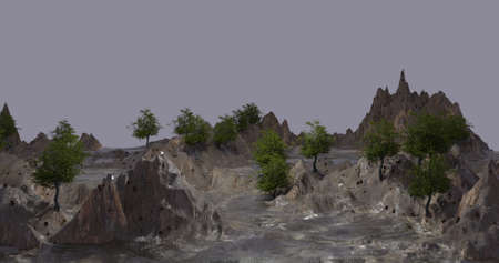 3d illustration landscape rocks with water and treesの写真素材