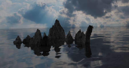 3d Illustration of dark rocks, and sunlight with Clouds in the skyの写真素材