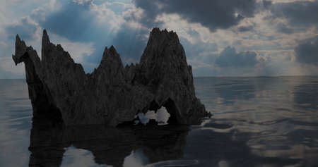 3d Illustration, of dark rocks, and sunlight in the skyの写真素材