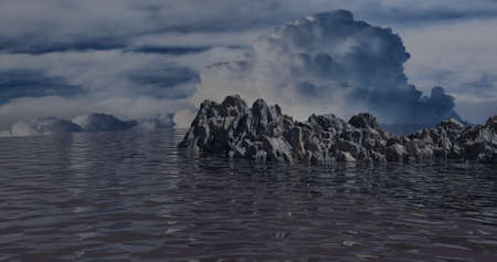 3d Illustrated rocks, bright in oversubscribed surreal waves clear cloud in the skyの写真素材