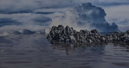 3d Illustration rocks, bright in waves clear cloud in the skyの写真素材