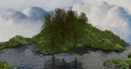 3d illustration, water mountain and trees rendered in cloudy skiesの写真素材