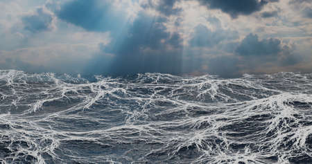 3d illustration ocean, with foam wave in light cloudsの写真素材