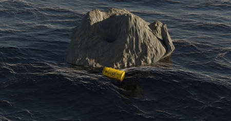 3d illustration, Barrel with radioactive nuclear waste is floating on the ocean in front of a rock renderedの写真素材