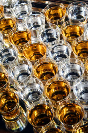 many vodka shots in two colors disposed in rowsの写真素材