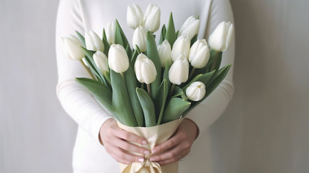 Female hold beautiful bouquet white tulips, closeupの素材