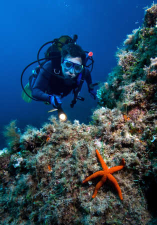 Scuba diver with red starfish in front の写真素材