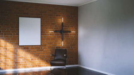Softly Illuminated empty space with Furniture and wall decor. 3D Rendering