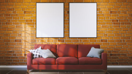 Blank vertical poster frame mock up in scandinavian style living room interior, modern living room interior background, 3d renderingの写真素材